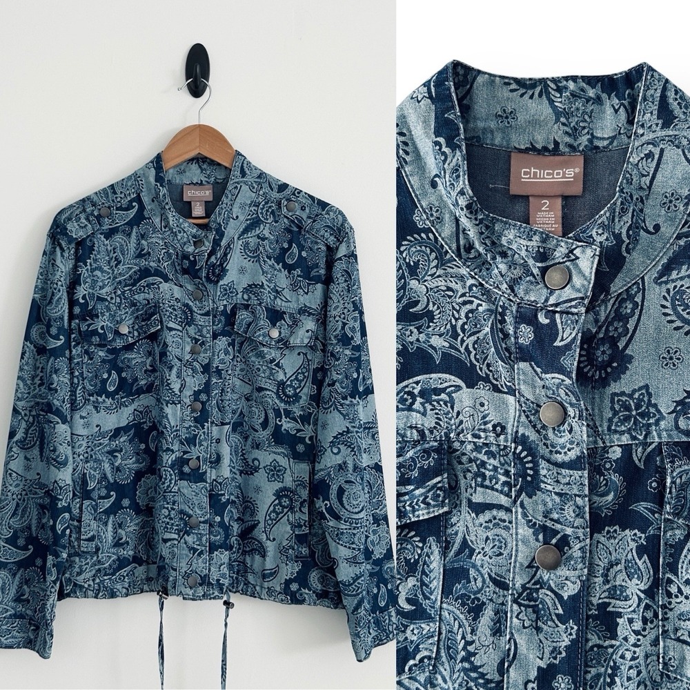 Chico's Women Large Blue 100% Lyocell 2 Chambray Patch Floral Utility Jacket NEW